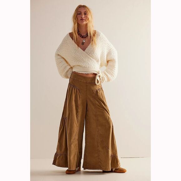 Free People We The Free Dawn On Me Cord Wide-Leg Jeans Pants Smocked XL 279133